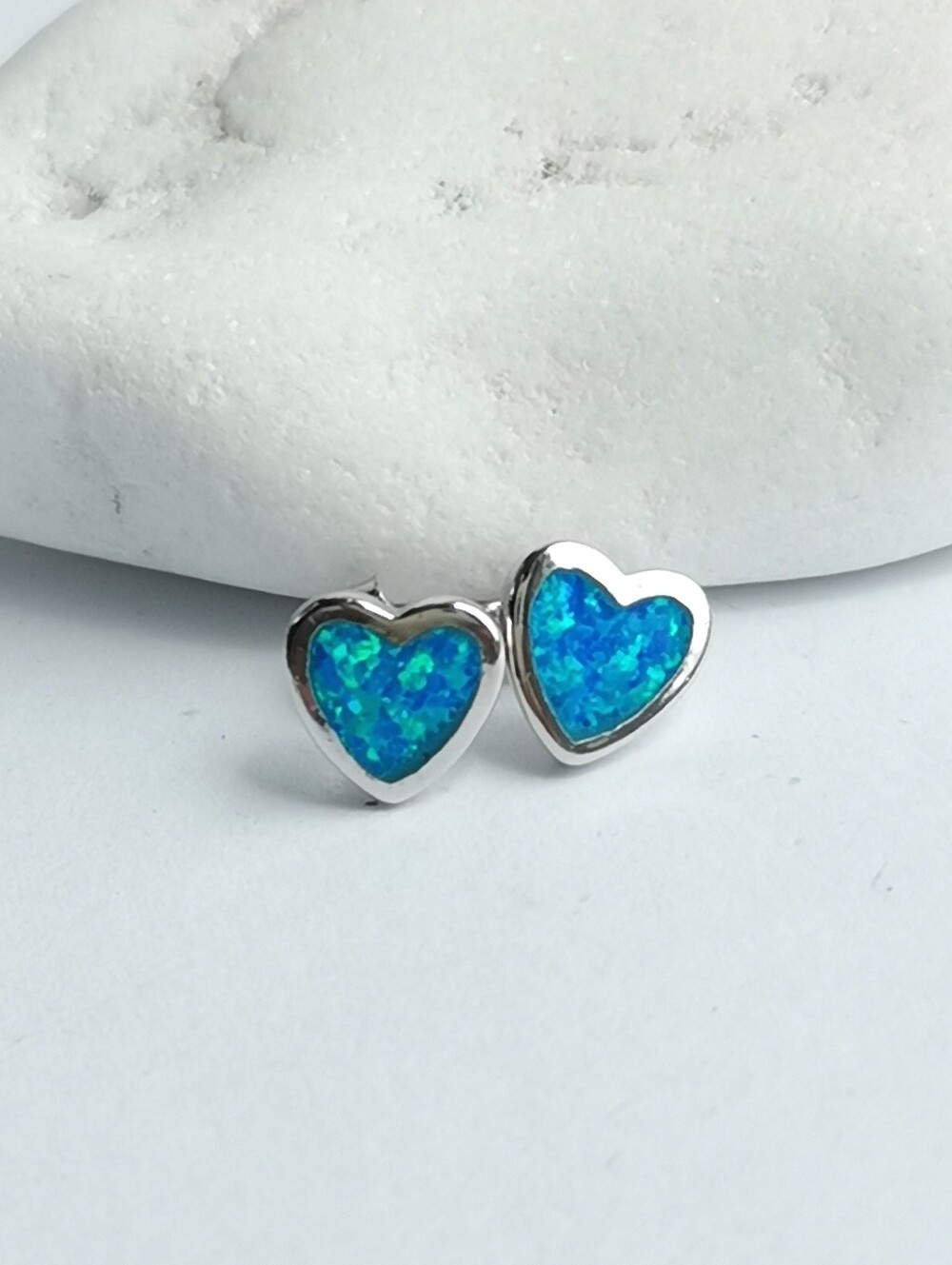 Sterling Silver Blue Opal Heart Stud Earrings Small 🆕